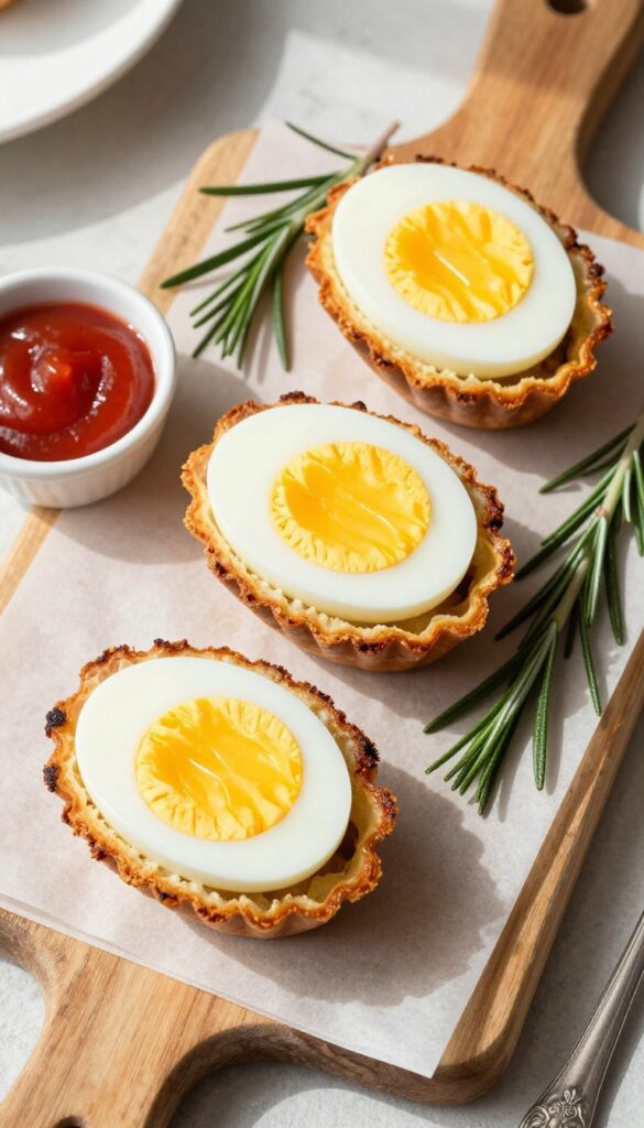 Sausage-wrapped hard boiled egg muffins on a wooden board, cut in half, with rosemary and ketchup.