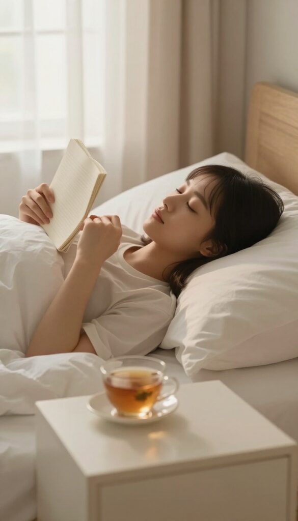 A person in bed at night, eyes closed, peaceful expression, soft lighting, gratitude pause before sleep.