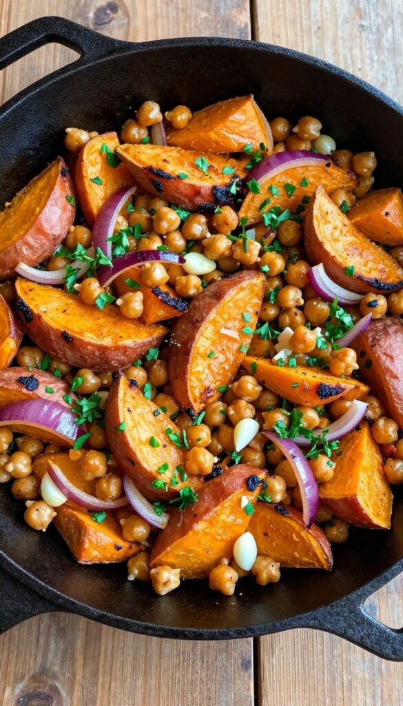 Sweet potato and chickpea hash in a cast-iron skillet
