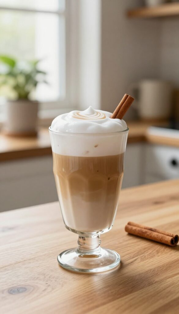 A fancy iced latte with foam art and cinnamon stick on a wooden table in a sunlit kitchen
