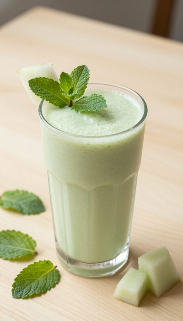 Minty Melon Green Smoothie in a glass with cantaloupe and mint garnish on a wooden table