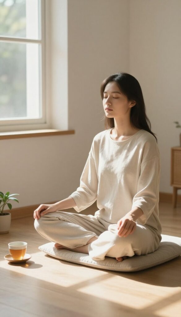 Person meditating in a sunlit room, practicing deep breathing for self-care.