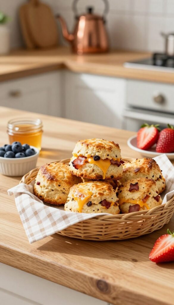 Bacon and cheddar scones in a basket with honey butter and fresh berries on a rustic table