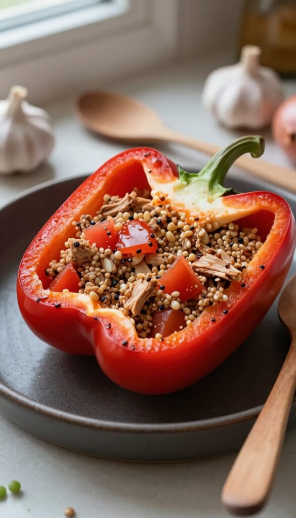 Stuffed bell pepper with ground turkey and quinoa in a baking dish