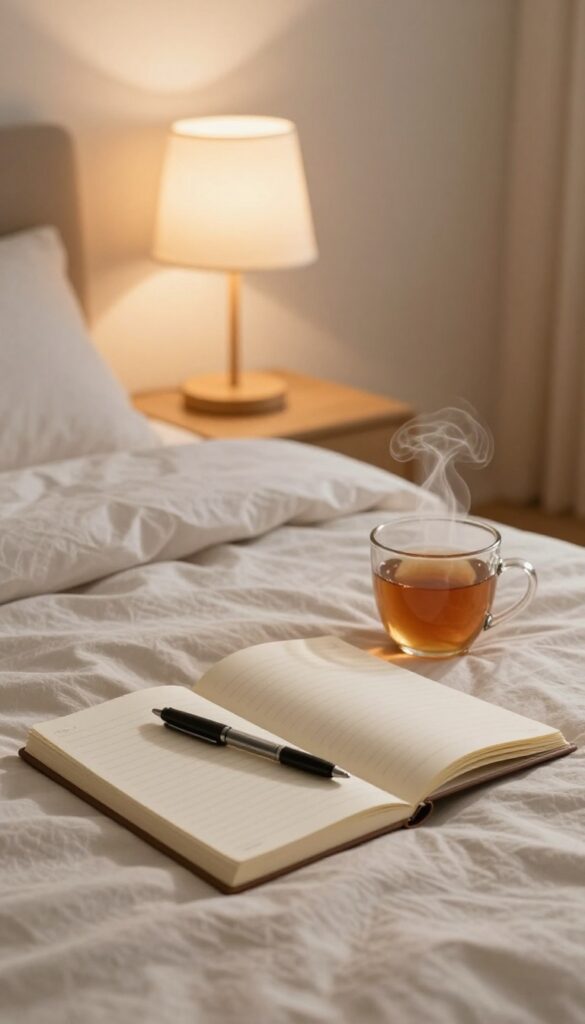 A cozy bedroom scene with a notebook and pen on a bed, a mug of tea nearby, warm lighting, creating a calm and serene atmosphere for writing a gratitude list.