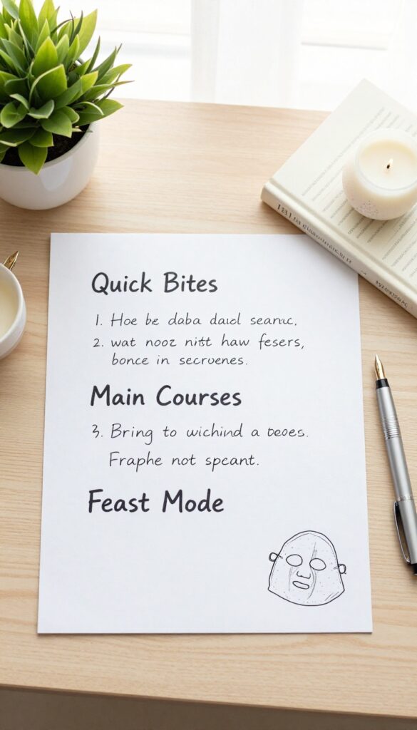 A flat lay of a self-care menu on a wooden desk with sections for Quick Bites, Main Courses, and Feast Mode, accompanied by relevant props like a teacup, book, face mask, bath bomb, and candle.