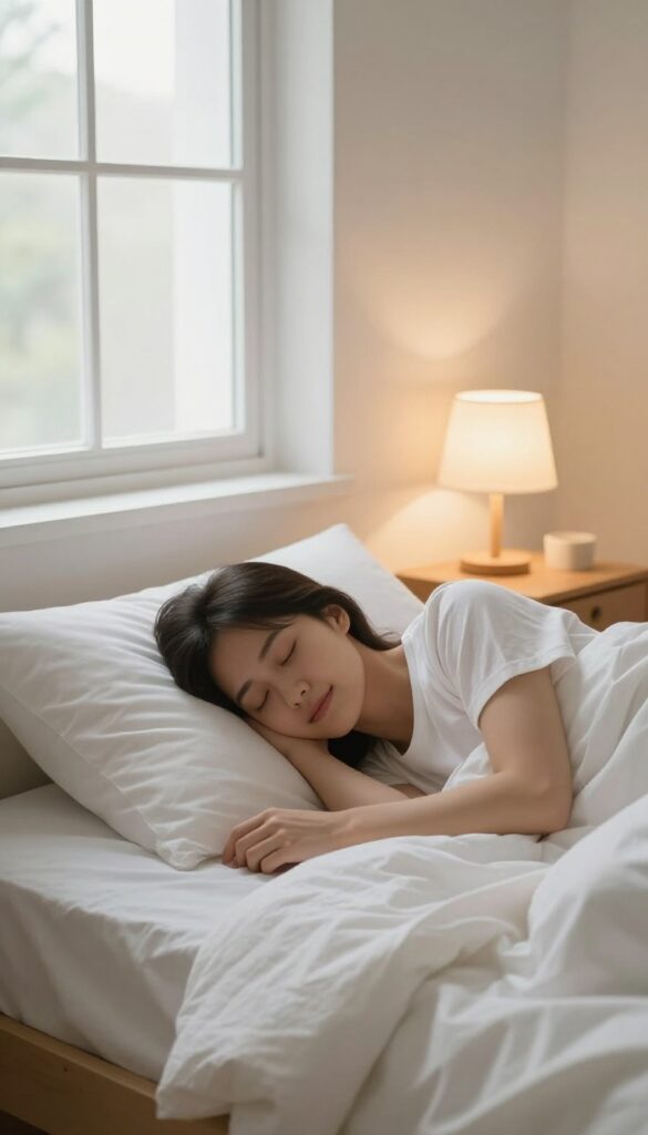 Person in bed smiling gently at night, gratitude recap ritual, cozy bedroom with warm lamp light