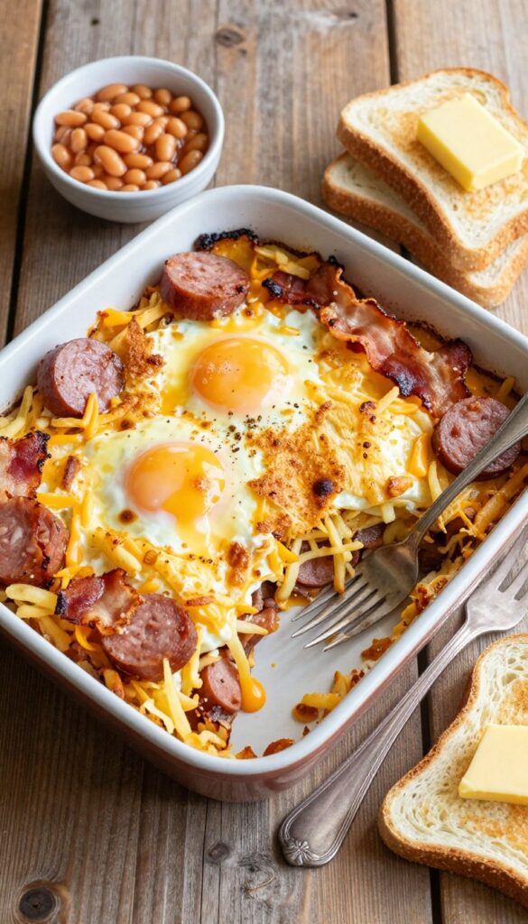 English breakfast casserole with sausages, bacon, hash browns, eggs, and cheese, served with baked beans and toast.