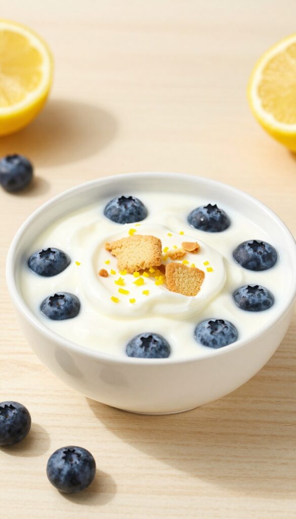 A bowl of Greek yogurt topped with blueberries, lemon zest, and crushed shortbread cookies.