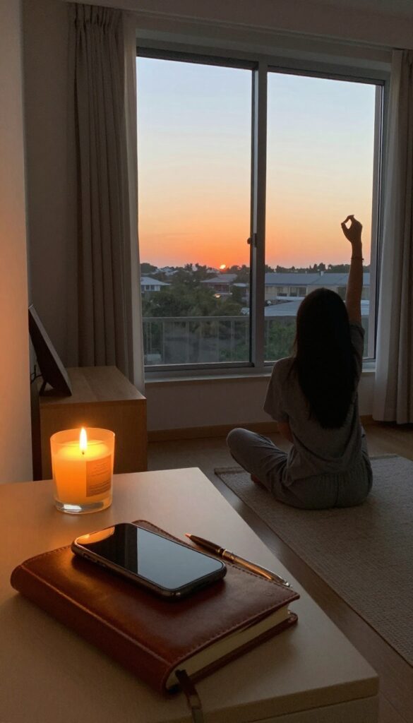 Person stretching by a window during sunset with a candle and journal, phone put away