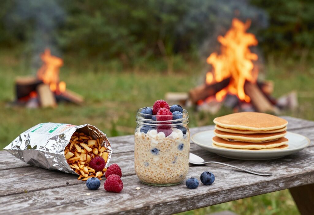 Camping breakfast spread with overnight oats, foil packet hash, and pancakes on a wooden table near a campfire.