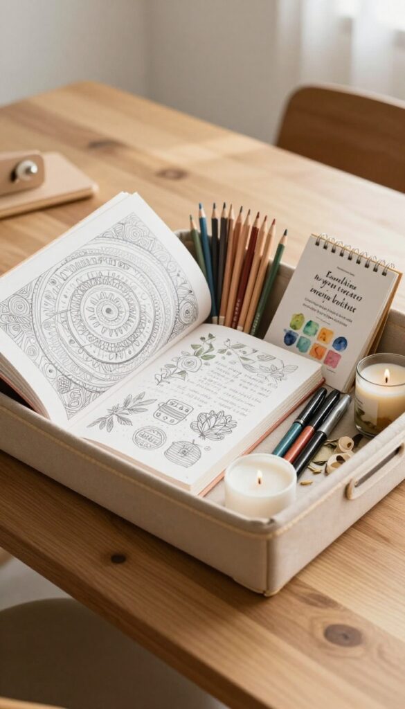 Creative escape self-care basket with coloring book, colored pencils, sketchpad, watercolor set, and candle on wooden table