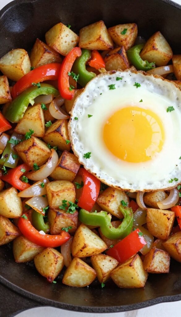 Colorful bell pepper and onion breakfast hash with crispy potatoes and a fried egg in a cast-iron skillet.
