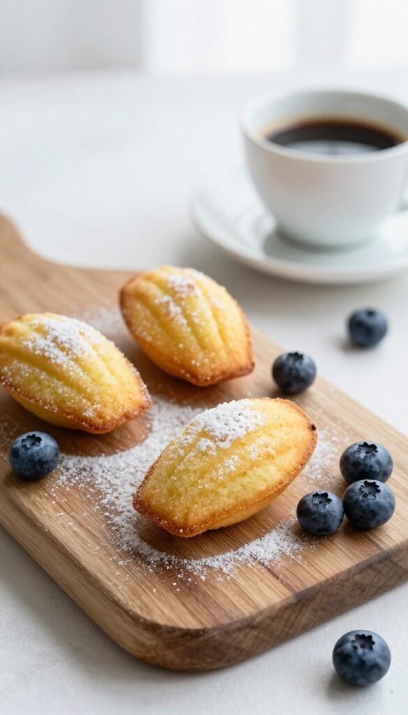 A lemon-kissed madeleine dusted with powdered sugar on a wooden board with blueberries and coffee.