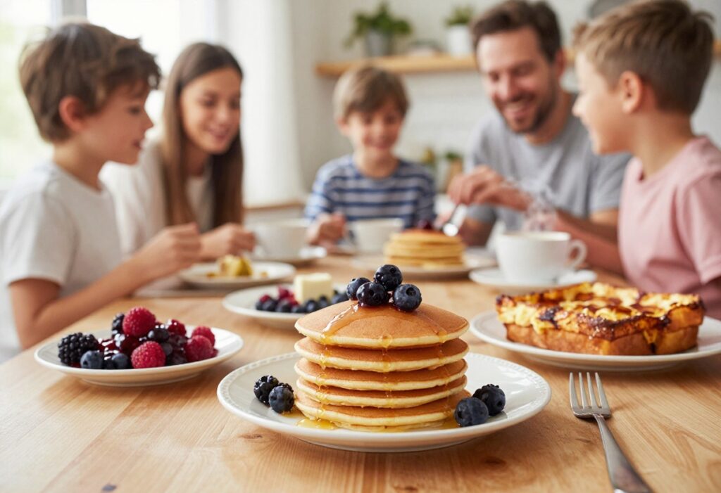 A cozy family breakfast table with pancakes, French toast, and coffee, with a happy family in the background.