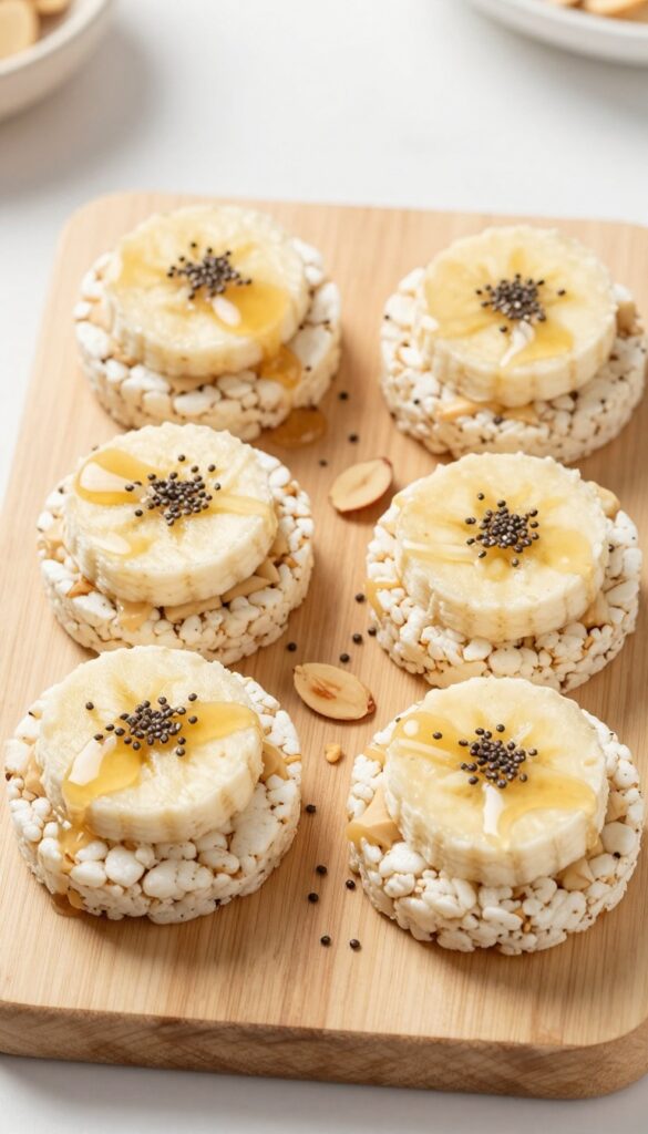 Almond butter and banana rice cakes drizzled with maple syrup on a wooden board
