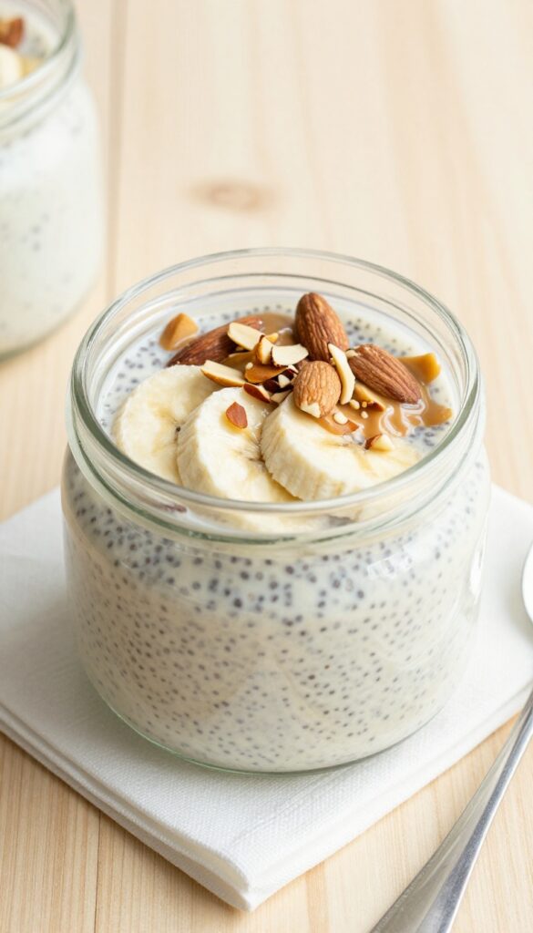 Banana chia pudding in a glass jar with sliced banana, nuts, and nut butter drizzle on a wooden table