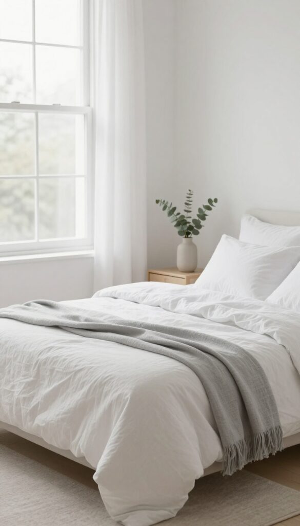 A neatly made bed with fluffy pillows and soft linens in a bright, calm bedroom.