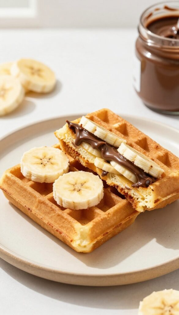 Frozen waffle sandwich with Nutella and banana slices on a wooden plate