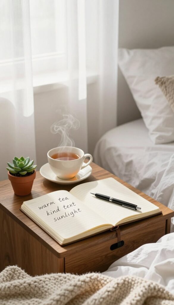 Open notebook with handwritten gratitude list on a nightstand with tea and pen in a cozy bedroom