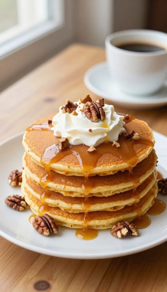 Fluffy pumpkin spice pancakes topped with whipped cream and caramel sauce, served on a plate with a cozy autumn setting.