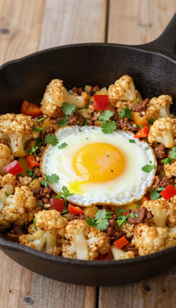Cauliflower hash with chorizo and a fried egg in a skillet