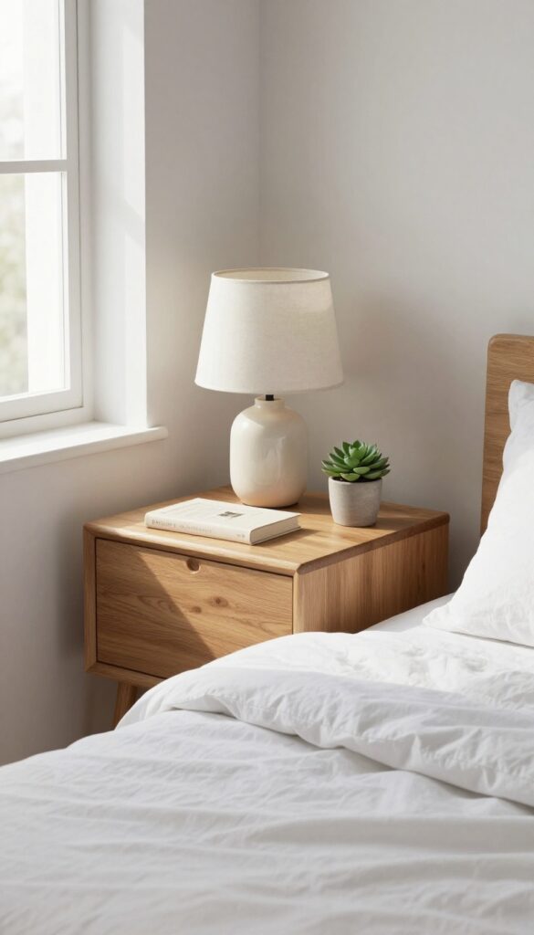 A clean, minimalist nightstand with a lamp, book, and succulent in soft natural light.