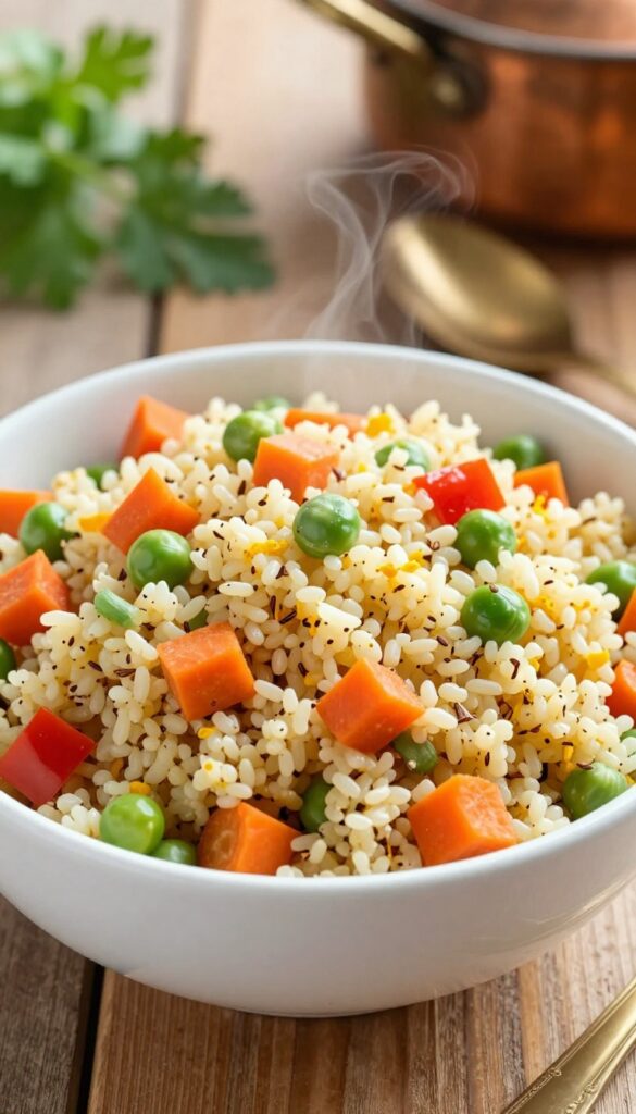 Quinoa pulao in a white bowl with colorful vegetables and spices on a wooden table