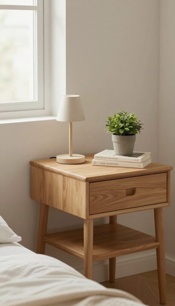 Clean and organized bedside table with lamp, book, and plant in soft natural light