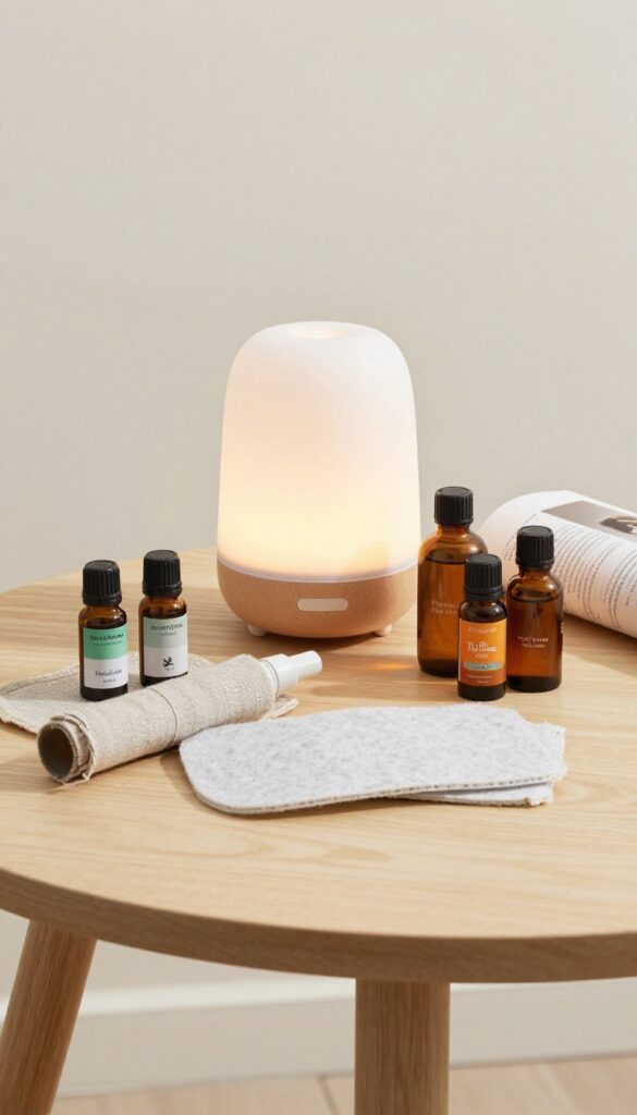 Aromatherapy basket with diffuser and essential oils on wooden table