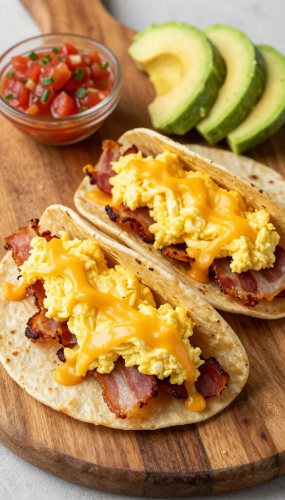 Bacon and egg breakfast tacos on a wooden board with salsa and avocado