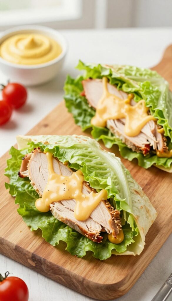 Turkey and cheese lettuce wraps on a cutting board