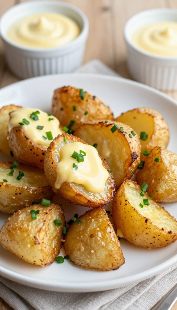 Crispy smashed potatoes topped with creamy hollandaise sauce and fresh herbs on a white plate.