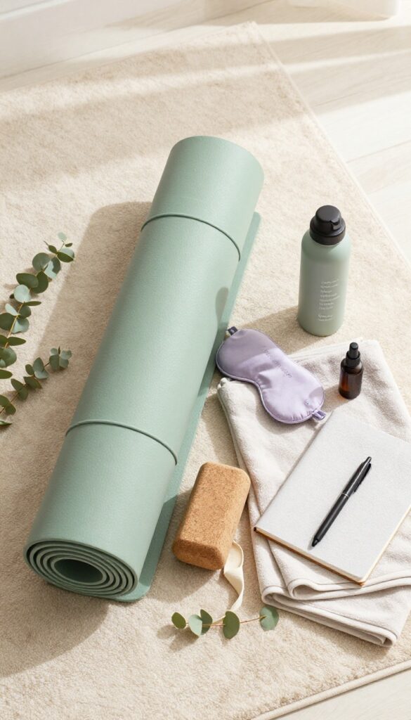 Yoga and stretching self-care basket with mat, block, strap, towel, eye pillow, spray, water bottle, blanket, and journal on rug