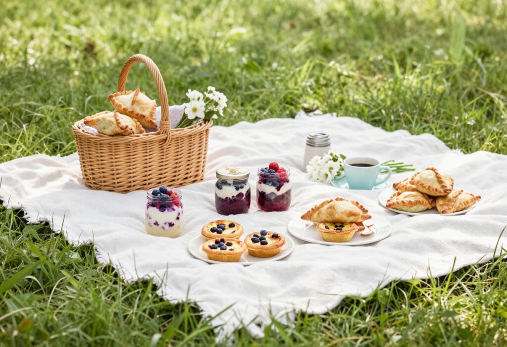 Sunny breakfast picnic setup with a wicker basket, hand pies, parfait jars, and coffee on a blanket in a park.