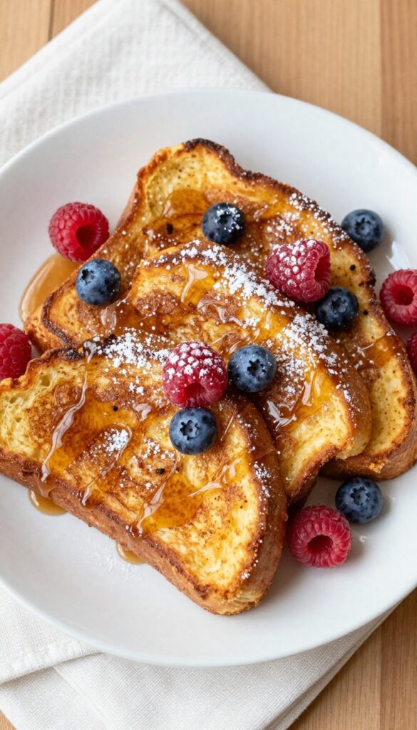 Stack of classic cinnamon French toast with maple syrup and fresh berries on a white plate.