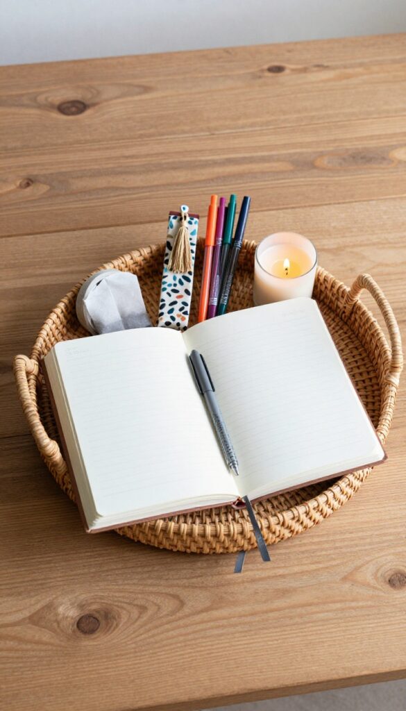 Journaling basket with guided journal, pens, washi tape, bookmark, candle, and tea bag on wooden table
