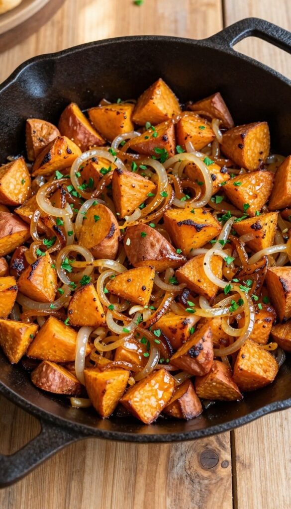 Sweet potato hash with caramelized onions in a cast-iron skillet