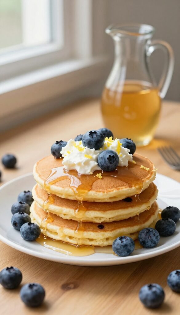 Blueberry lemon ricotta pancakes with syrup and fresh blueberries on a plate
