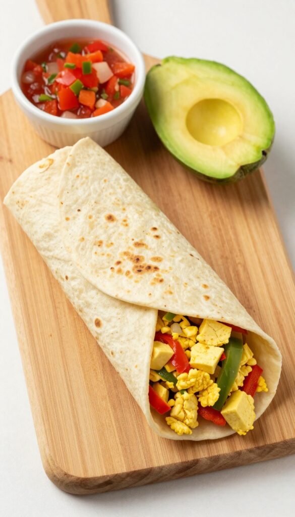 Tofu scramble breakfast wrap cut in half on a wooden board with salsa and avocado