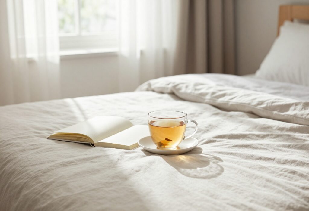 Peaceful bedroom with tea and journal, representing self-care habits for a calm day.