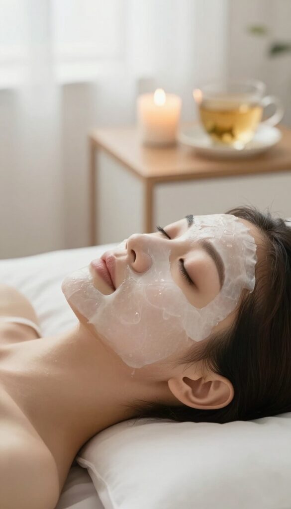 Woman relaxing with a sheet mask on her face, candle and tea nearby, bright natural light