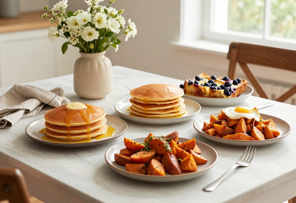 Cozy brunch table with pancakes, Dutch baby, French toast casserole, and sweet potato hash in soft morning light