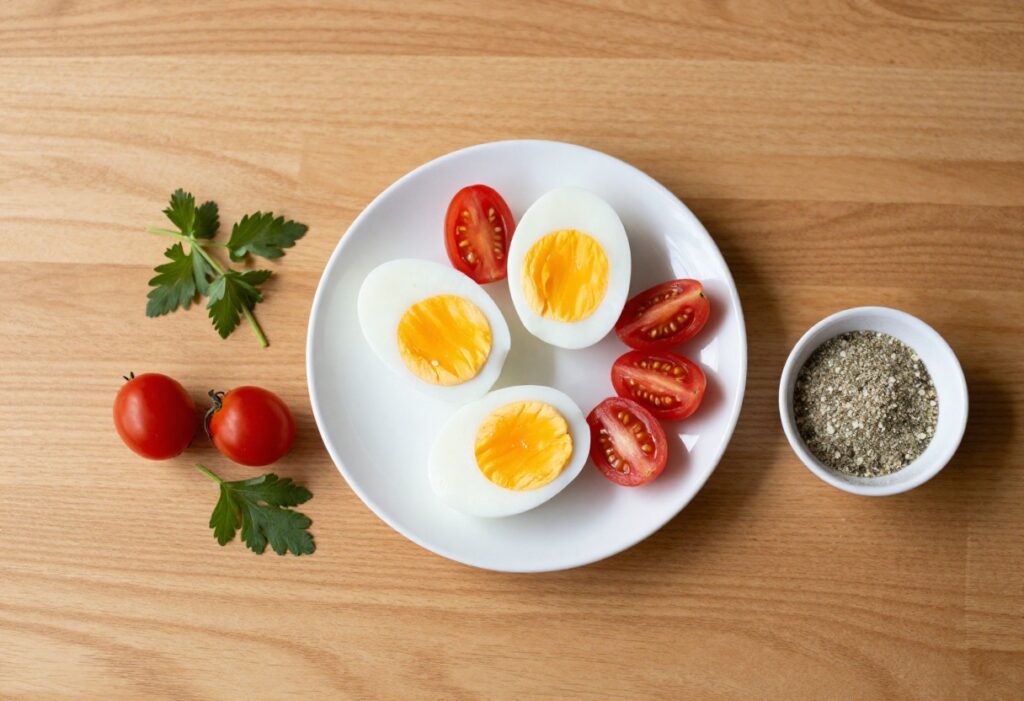 Hard boiled eggs on a wooden table with herbs and tomatoes