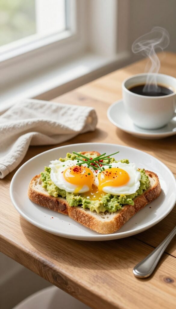 Avocado toast with poached egg on rustic table in cozy breakfast nook