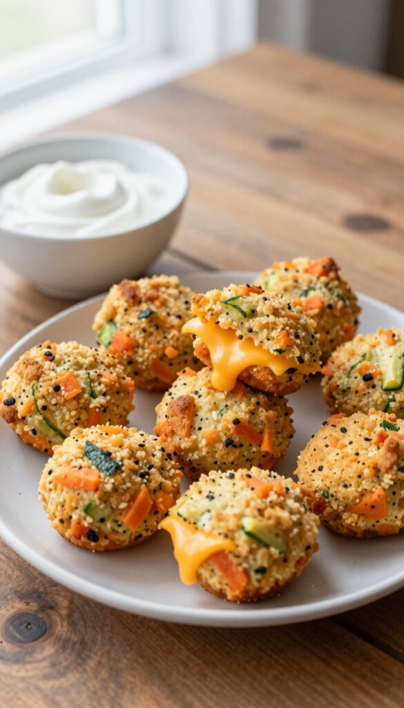 Golden zucchini and carrot breakfast bites on a plate with yogurt dip