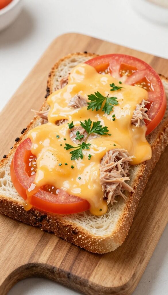 Tuna melt toast with melted cheddar cheese, tomato slice, and parsley on sourdough bread