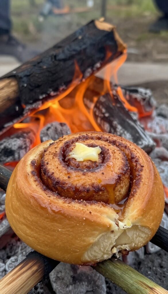 Campfire cinnamon roll roasting on a stick over glowing coals