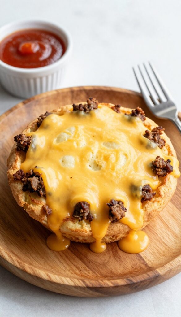 Cheesy egg and sausage muffin on a plate with hot sauce