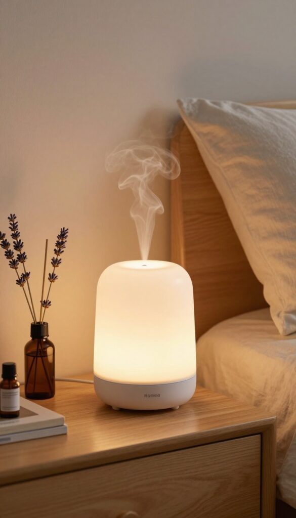A serene bedroom with an essential oil diffuser on a nightstand, emitting a calming mist, surrounded by lavender and cedarwood oils.